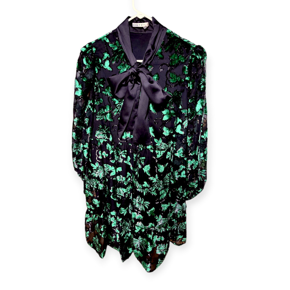 Alice + Olivia Rowen Green Black Velvet Burnout Floral Bow Mini Dress XL - Picture 4 of 10